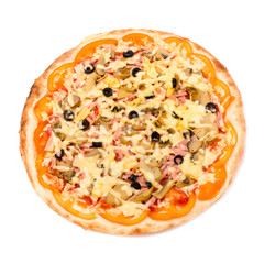 Pizza with cheese and ham isolated on white