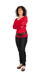 Beautiful woman doing different expressions in different sets of clothes: full length arms crossed