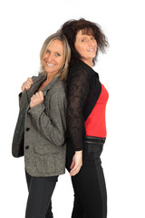 Beautiful women doing different expressions in different sets of clothes: back to back