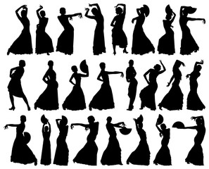 Black silhouettes of female flamenco dancer - obrazy, fototapety, plakaty