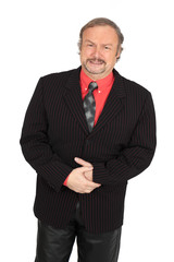 Handsome man doing different expressions in different sets of clothes: stomachache