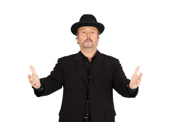 Handsome man doing different expressions in different sets of clothes: welcome