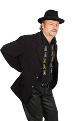 Handsome man doing different expressions in different sets of clothes: backache