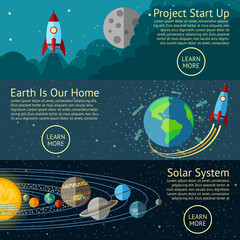 Set of Space banners concepts - Rocket start up, Earth from
