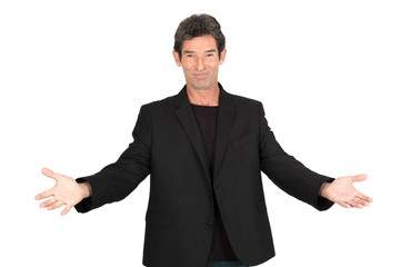 Handsome man doing different expressions in different sets of clothes: welcome