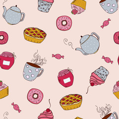 Seamless pattern with doodle style sweets, cupcakes, jam and tea