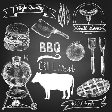 Set of hand drawn grill menu elements
