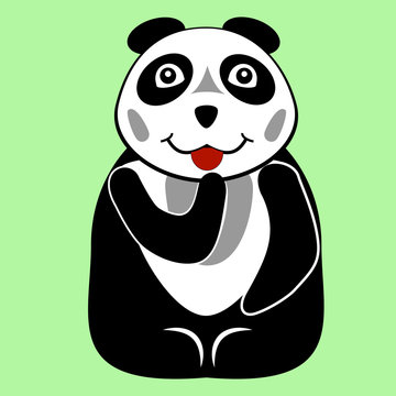 little cute playful panda bear on light green background