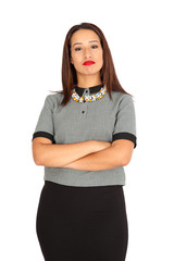 Beautiful woman doing different expressions in different sets of clothes: arms crossed