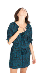 Beautiful woman doing different expressions in different sets of clothes: heart attack