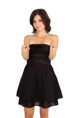 Beautiful woman doing different expressions in different sets of clothes: gun sign