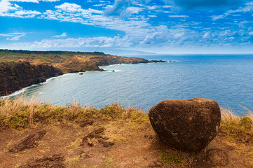 Boulder on a cliff overlooking the ocean Maui Hawaii USA