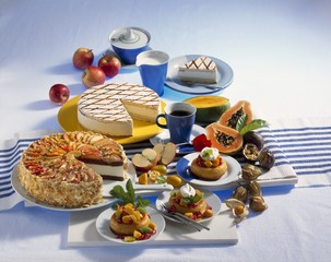 Fruit savarin, apple cake, passion fruit cake