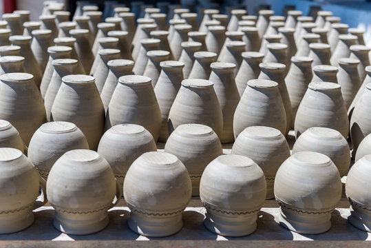 Rows of traditional clay potteries in Marginea, Romania