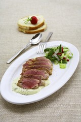Slices of beef fillet with sauce and salad
