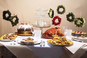 Christmas buffet with hanging spice wreaths