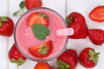 Obrazy na Szkle  Truskawkowy Smoothie Sok Milkshake z Owocami Truskawek Fruitsa