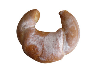 Bagel covered with powdered sugar on a white background