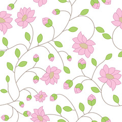 Vector seamless texture of delicate pink flowers with green leaves and branching stems