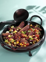 Pan-cooked vegetables with smoked duck breast