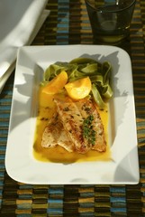 Hare fillet with apricots and green ribbon pasta
