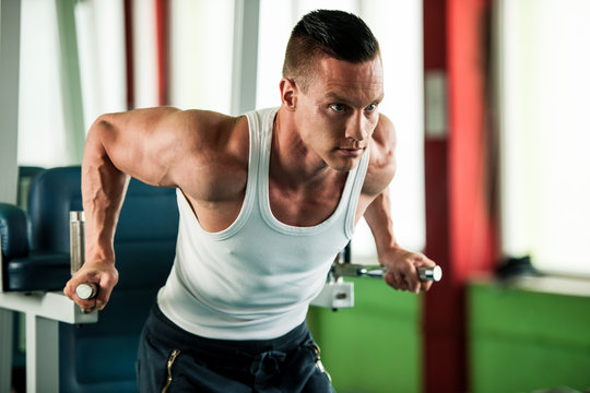 phisique fitness competitor works out in gym lifting dumbbells