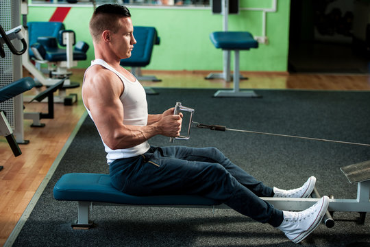 phisique fitness competitor works out in gym lifting dumbbells