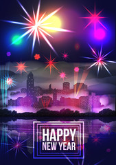 New Year Party Poster Template with City Skyline and Fireworks - Vector Illustration