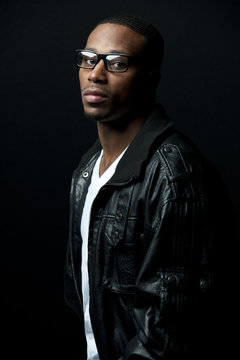 Black Man Leather Jacket with Glasses