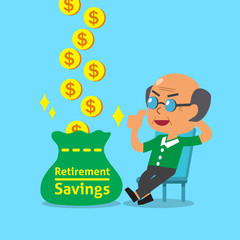 Cartoon old man with retirement savings bag for design.