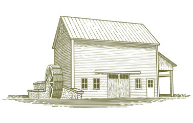 Woodcut Mill Illustration