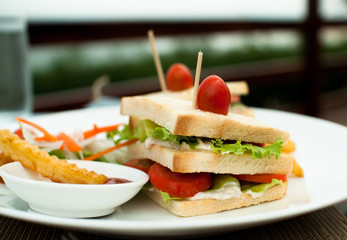 Sandwich of white bread with vegetables and french fries