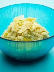 Celery risotto in blue bowl