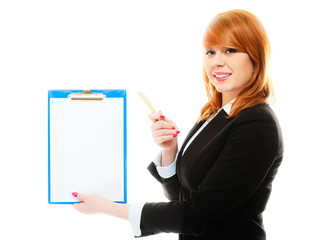 woman holding blue clipboard with blank