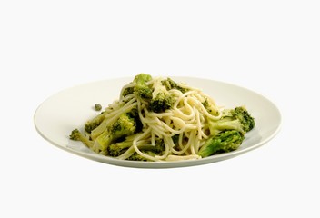 Spaghetti with broccoli and capers