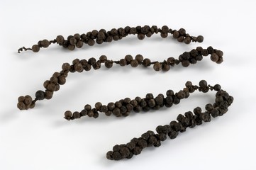 Four clusters of black peppercorns, dried