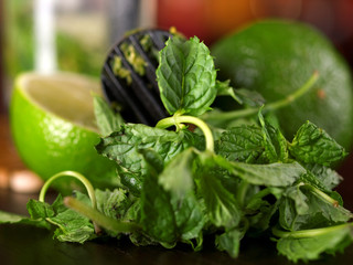 Muddler, mint leaves and limes
