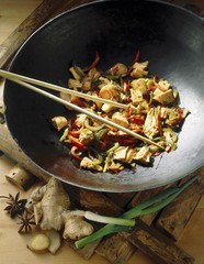 Chicken with Oriental spices in a wok