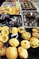 Assorted cakes and buns in a confectioner's shop