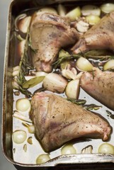Lamb shanks marinating in red wine with onions and herbs