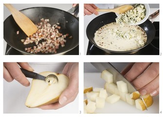 Making farfalle with cheese and bacon sauce and pears