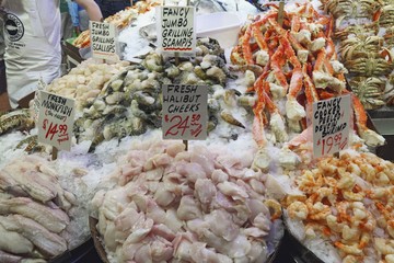 Fish and seafood at the Pike Place Fish Market, Seattle, USA