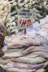 Monk fish fillets at the Pike Place Fish Market, Seattle, USA