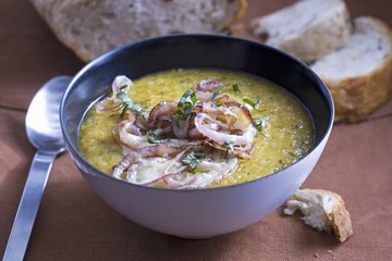 Carrot soup with grilled red onions