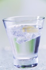 A glass of mineral water with ice cubes and slice of lemon