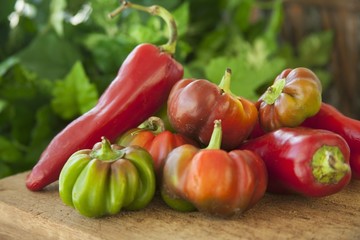 Organic Cherry Peppers and Red Frying Peppers on a Wooden Surface