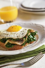 Kale and Mushrooms Topped with a Fried Egg on a Piece of Toast; Glass of Orange Juice