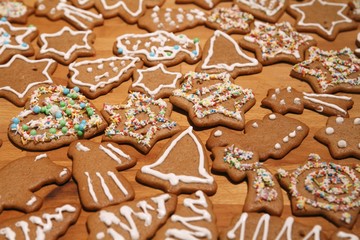 Assorted gingerbread biscuits decorated with sugar icing