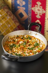 Menemen; Eggs Scrambled with Turkey, Feta, Tomatoes, Red and Green Peppers, Onions and Mushrooms in a Skillet