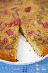 Rhubarb upside-down cake, one slice cut